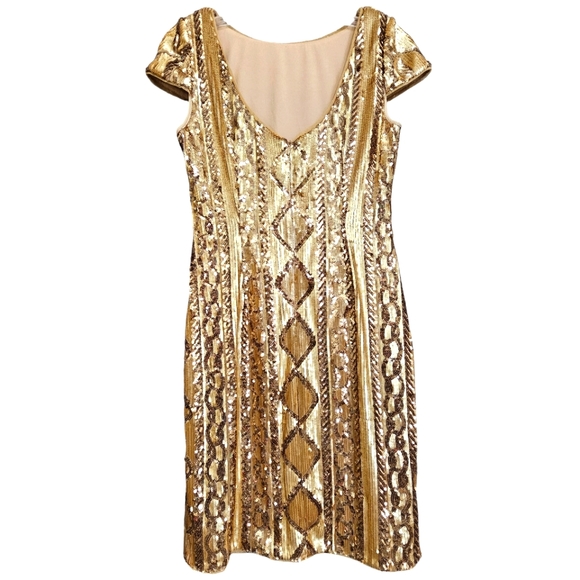 Nwot Adrianna Papell Cable Knit Cap Sleeves Gold Geometric Sequin Cocktail Dress - Picture 5 of 17